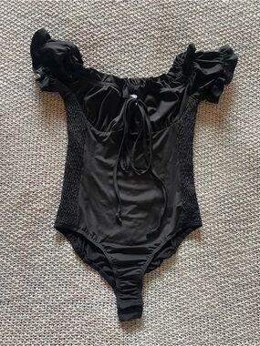 Princess Polly Black Ruffle-Shoulder One-Piece Bodysuit
